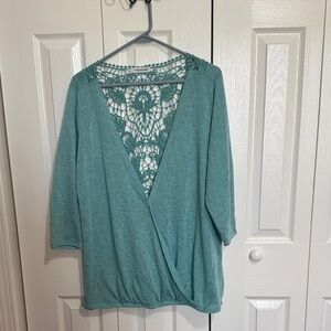 Maurices Teal V-Neck Sweater with Crochet Back